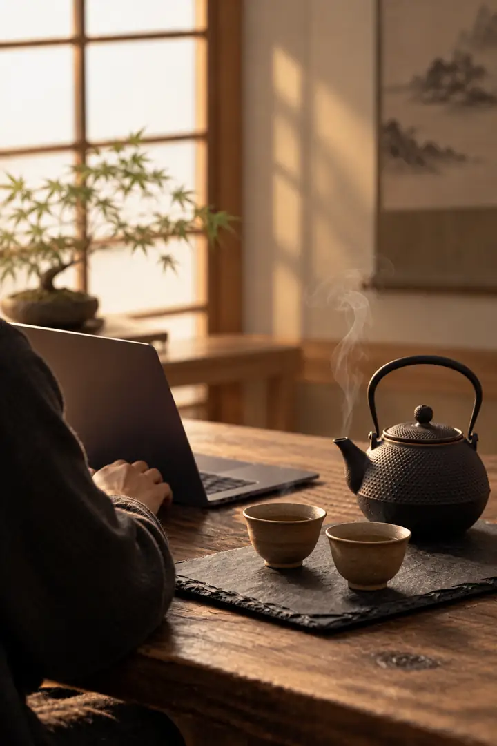 Dampfende gusseiserne Teekanne neben zwei Tassen in einem ruhigen japanischen Interieur.