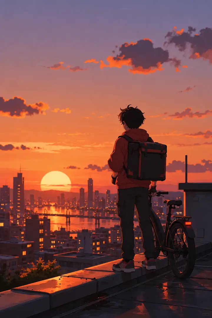 Junger Kurier im Anime-Stil mit Blick auf die Skyline einer Stadt bei Sonnenuntergang.