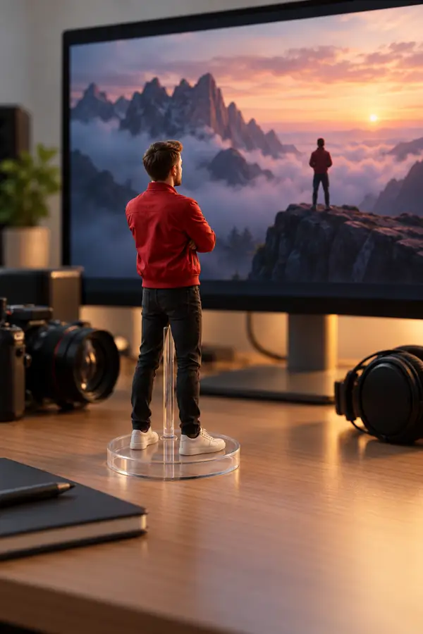 Miniaturfigur in einer roten Jacke, die auf einem Schreibtisch neben einem Monitor steht.