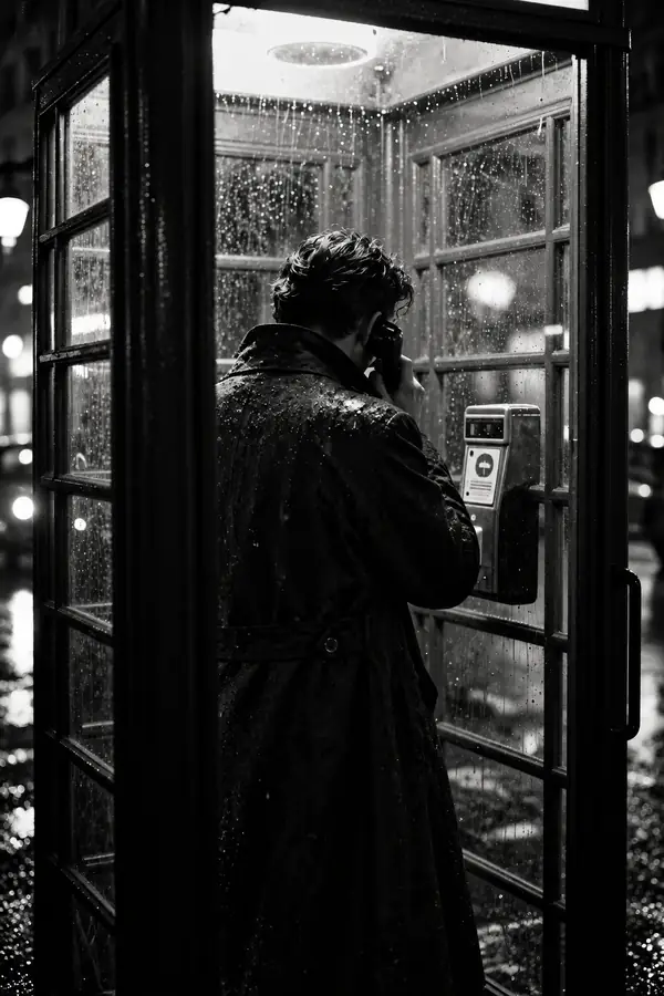 Stimmungsvolle, filmreife Telefonzelle in einer düsteren Stadtstraße im Noir-Stil.