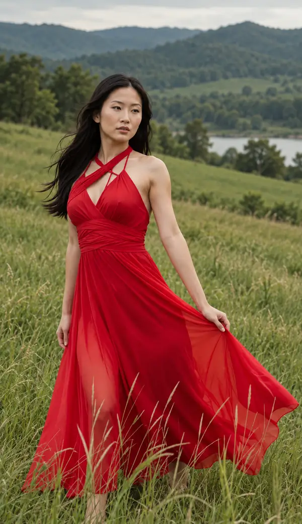 Frau in einem fließenden roten Kleid, die auf einer Wiese steht.