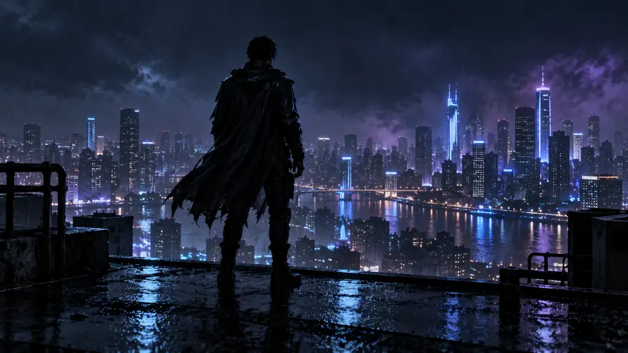 Original still image of a figure before a flying-scene treatment